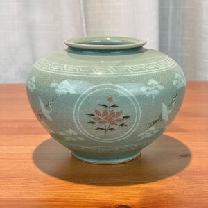 Korean Celadon Vase 4" Tall Bulbous Jar with Red Flowers Crane Decoration Sage